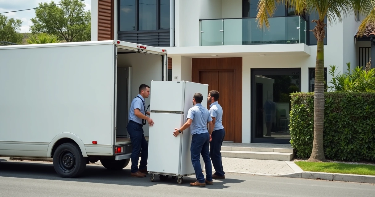 Van branca especializada para transporte de eletrodomésticos estacionada em frente a casa 