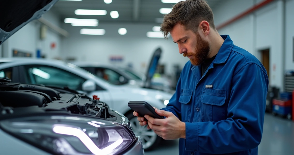 Mecânico revendo faróis de carro dentro de oficina 