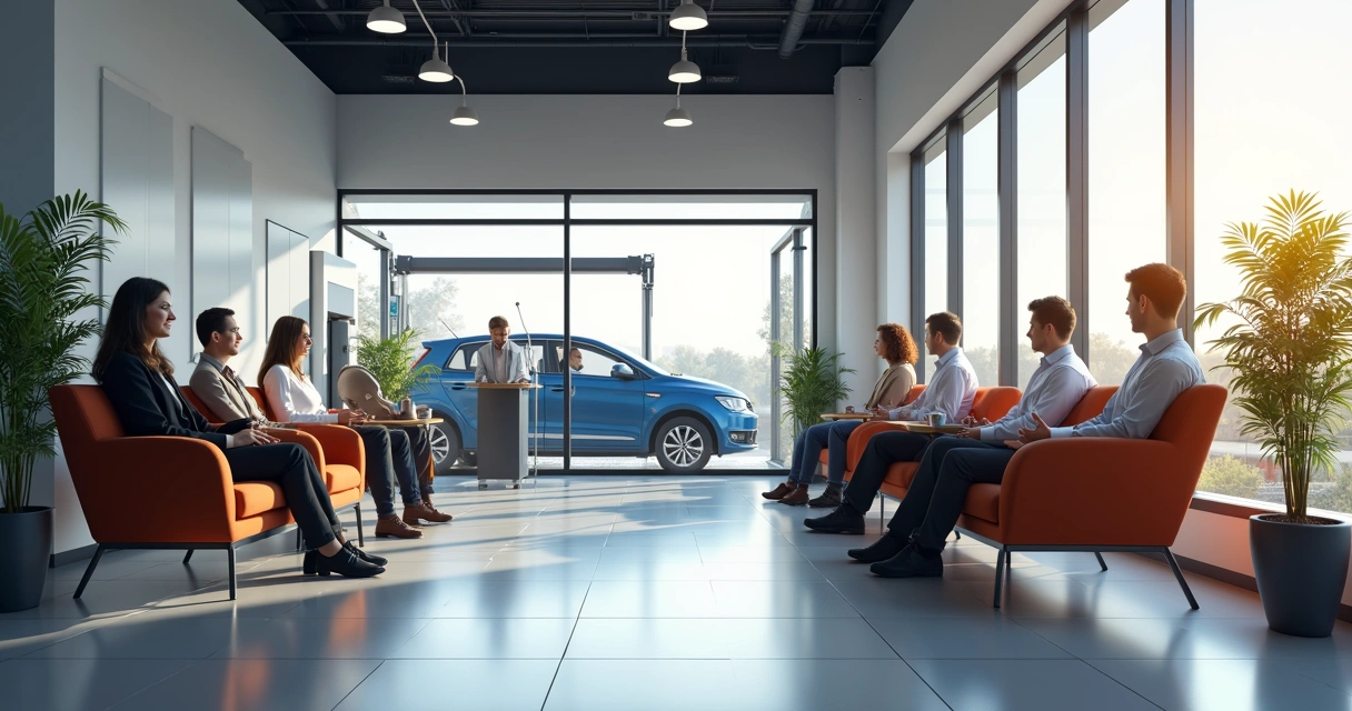Sala de espera de auto center com pessoas aguardando revisão do carro. 
