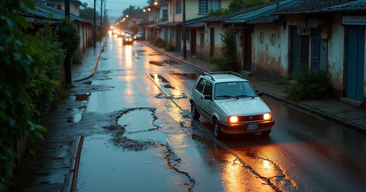 Carro em rua irregular de Belo Horizonte após chuva