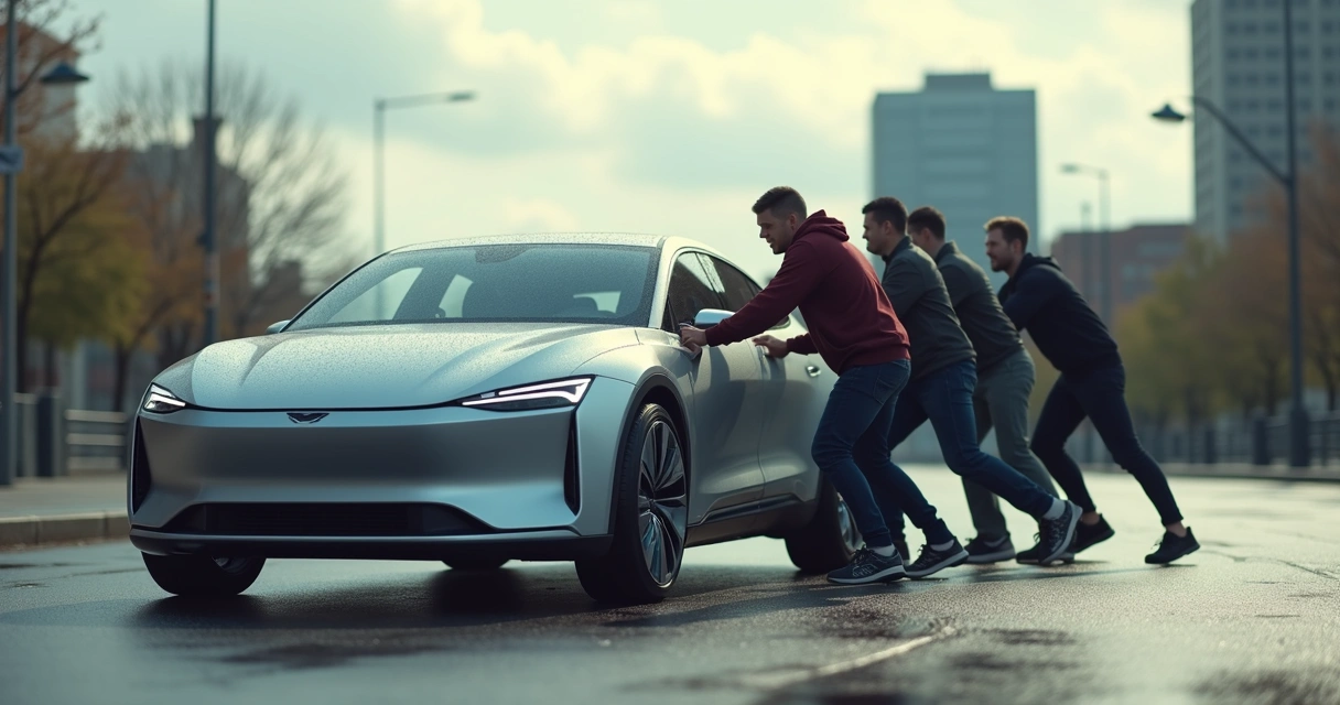 Carro sendo empurrado por um grupo de pessoas na rua para tentar ligar no tranco 