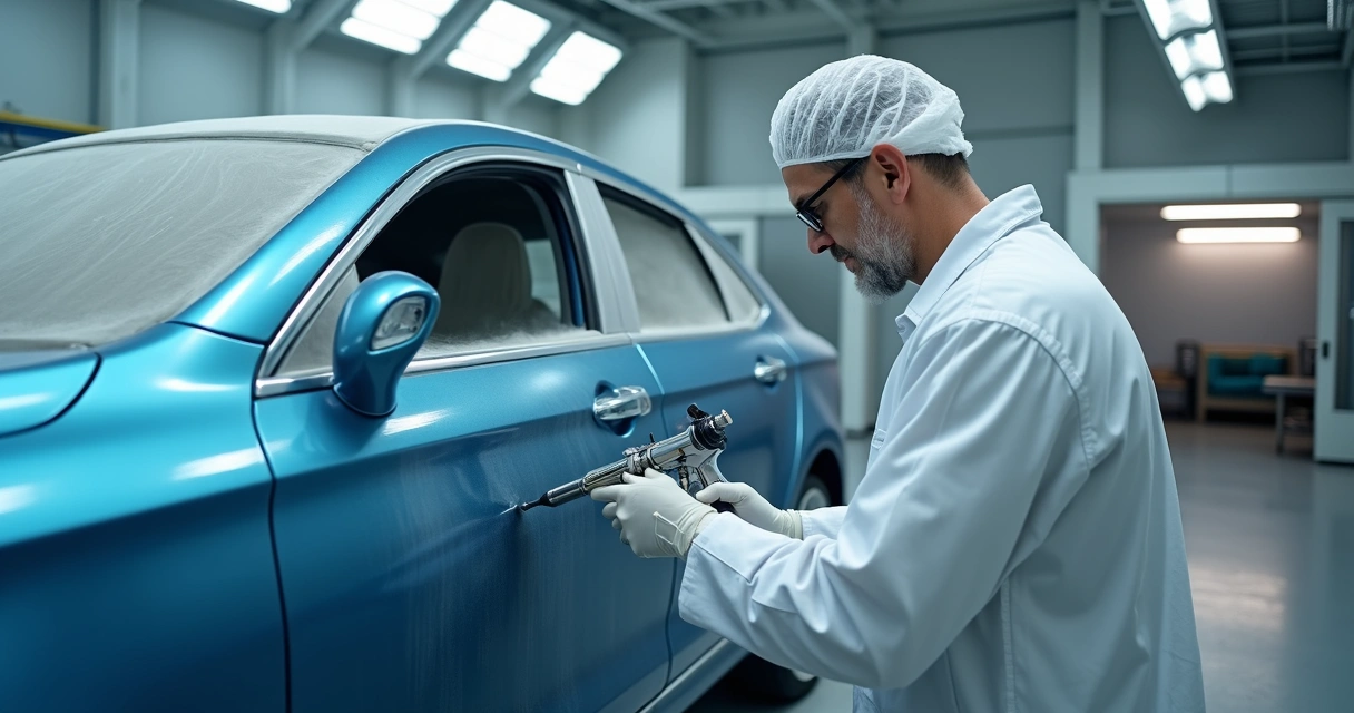 Veículo sendo pintado em oficina automotiva, com aplicação de tinta e verniz em ambiente limpo e profissional 