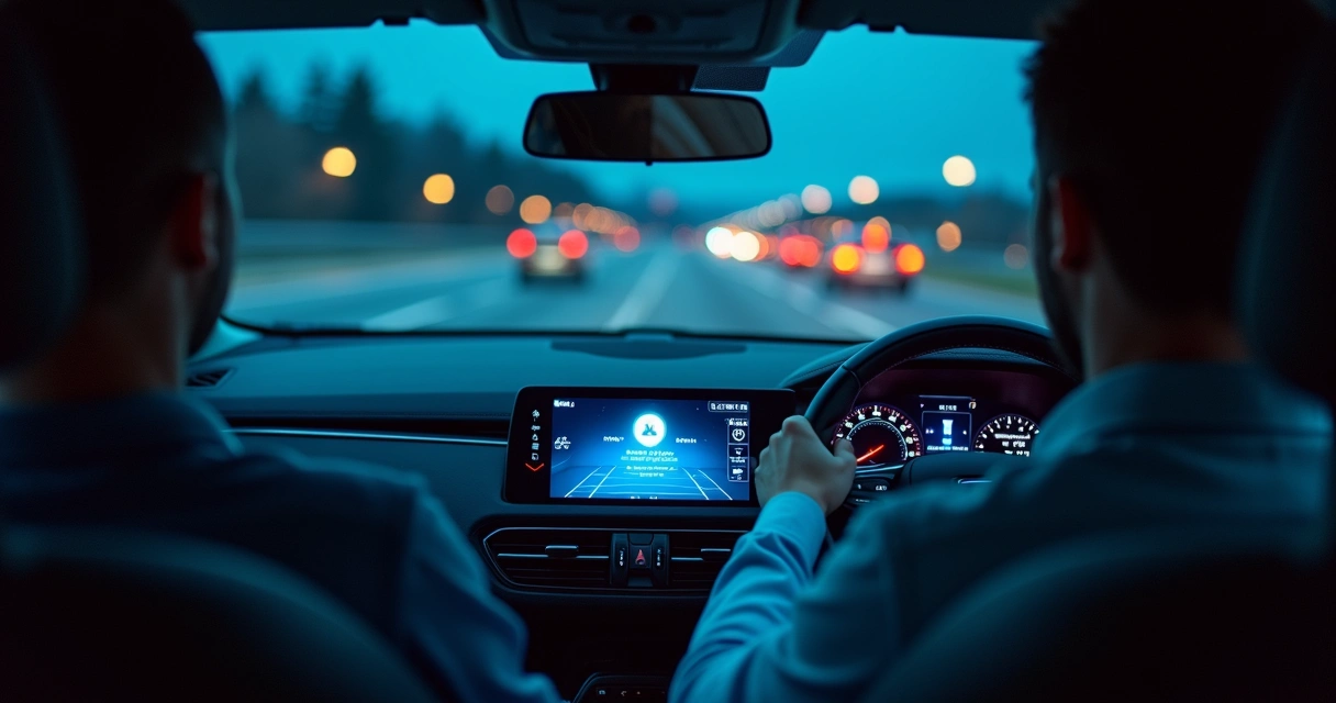 Condutor em estrada à noite com tela mostrando alerta de fadiga 