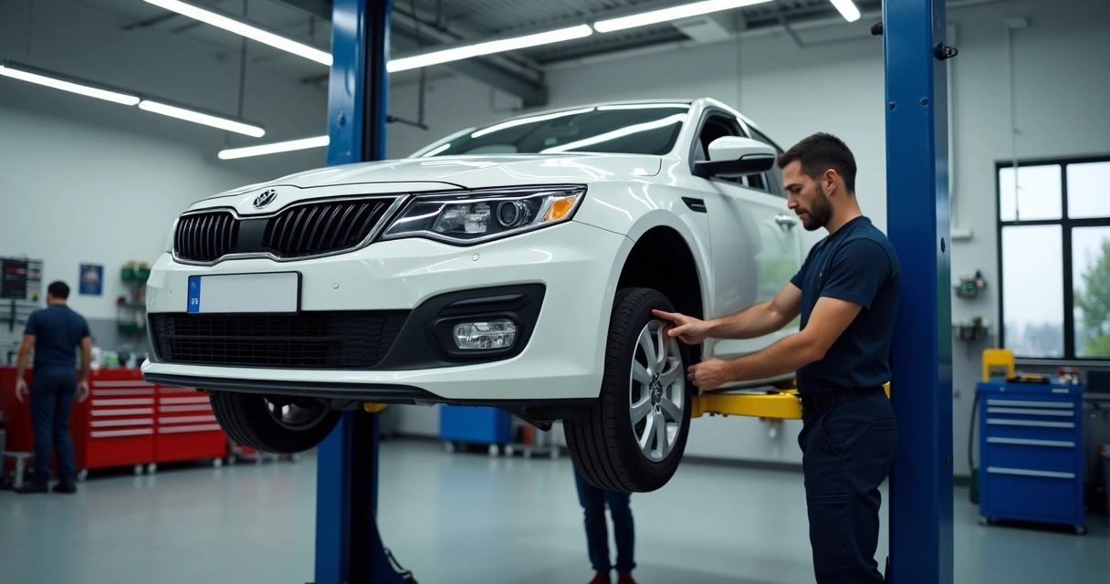 Carro sendo avaliado na oficina automotiva 