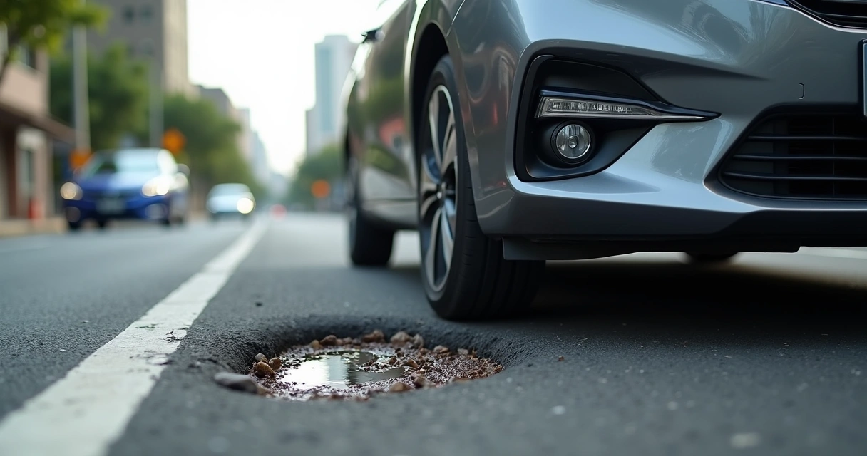Carro rebaixado em rua urbana mostrando suspensão baixa e risco de danos 
