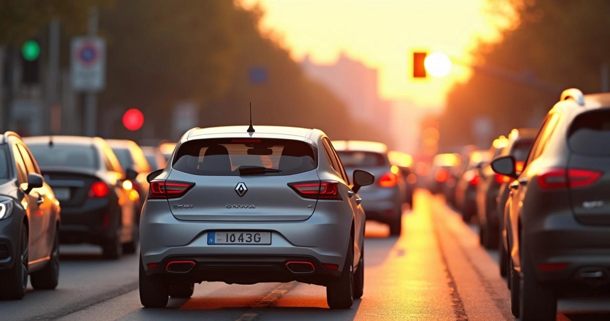 Carro moderno entre outros, todos parados em engarrafamento 
