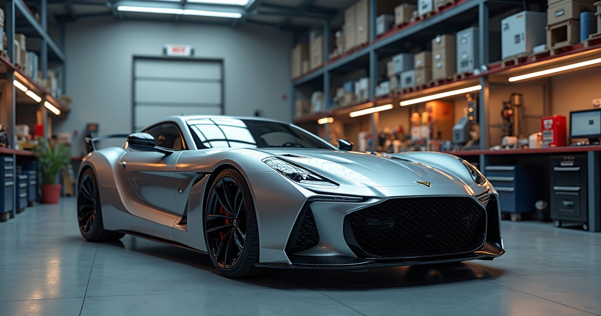 Carro com vidro trincado em oficina automotiva com ferramentas ao redor e técnico avaliando o dano 