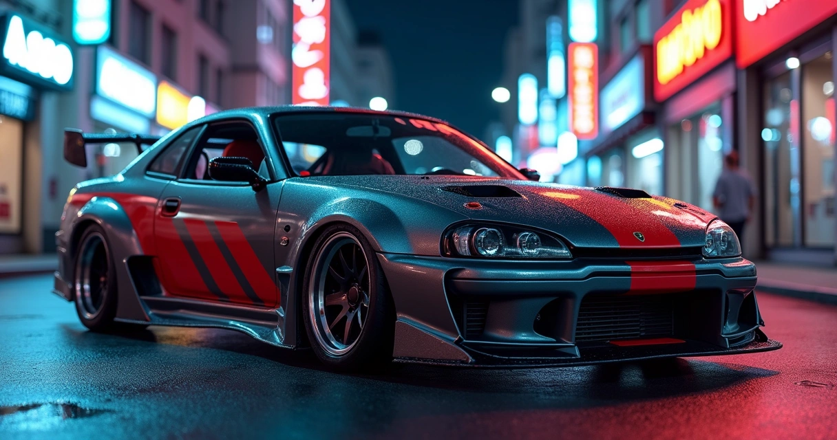 Carro comum com visual inspirado na NASCAR em rua urbana à noite 