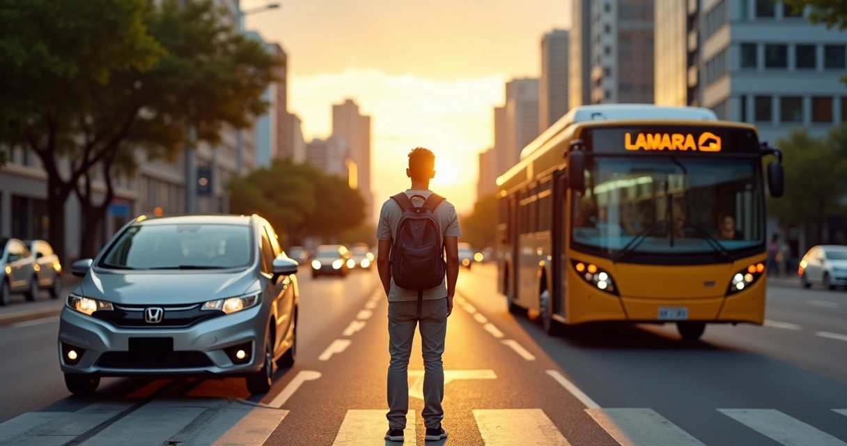 Pessoa avaliando escolha entre carro e ônibus em uma avenida urbana 