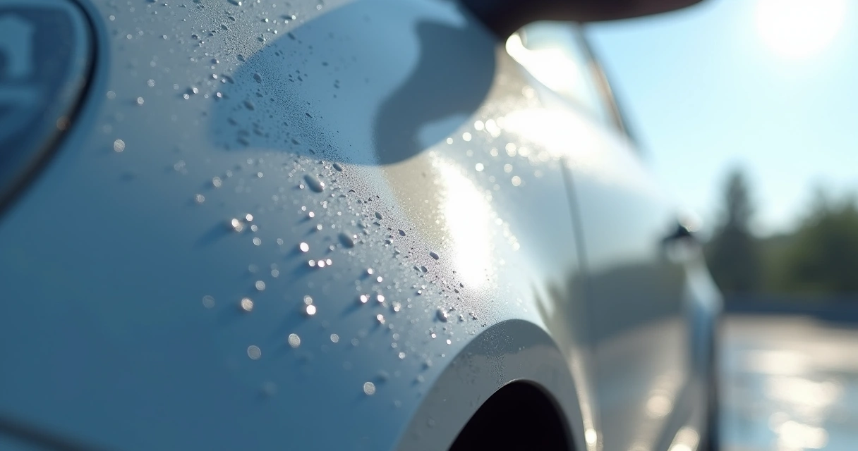 Carroceria de carro limpa e sem sinais de ferrugem com gotas de água escorrendo 