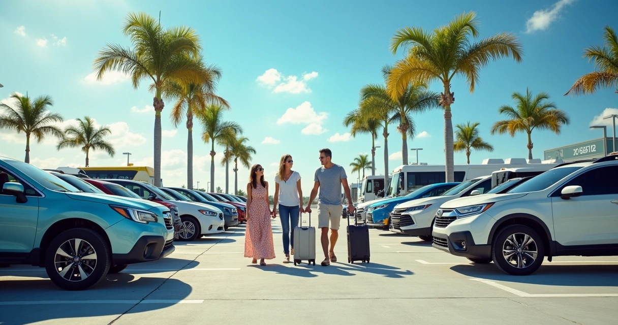 Família desembarcando em estacionamento de locadora de carros com malas 