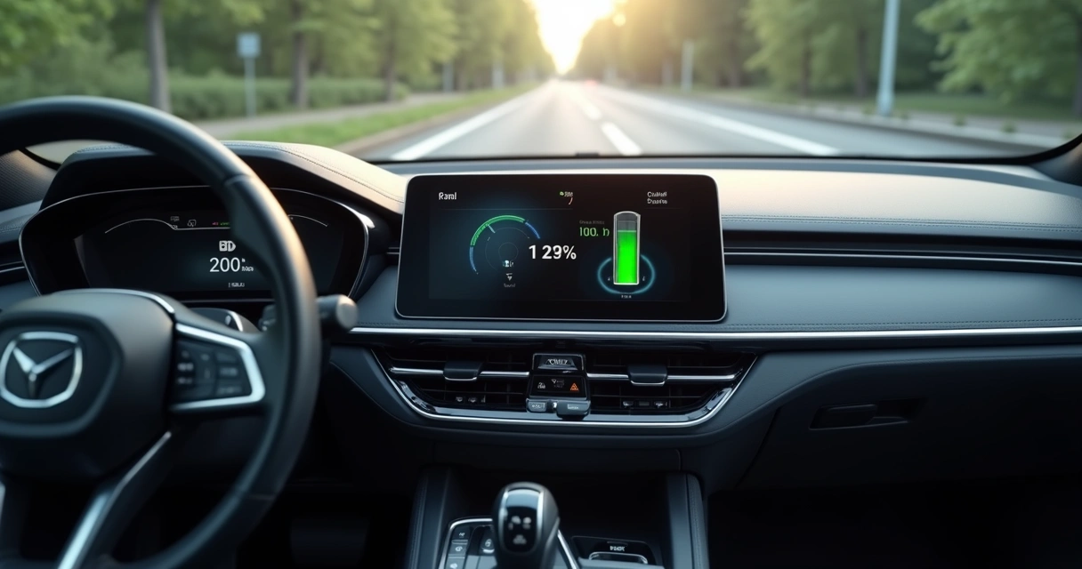 Painel de instrumentos moderno de carro automático com consumo exibido na tela digital 