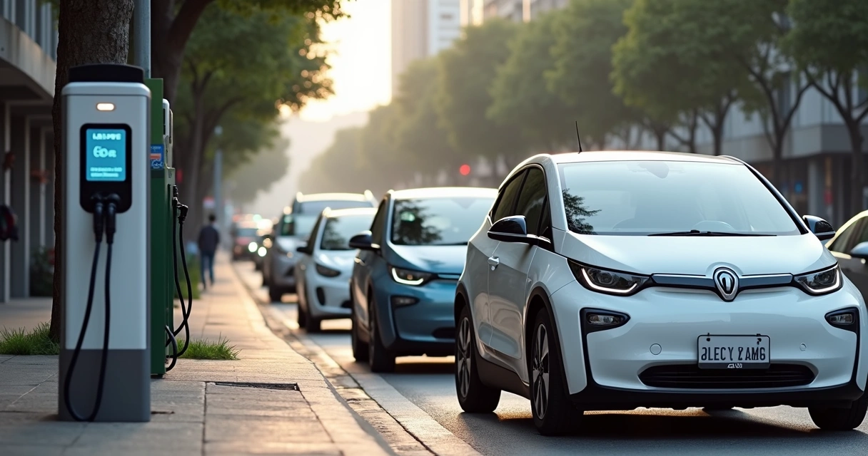 Carros elétricos carregando em rua urbana 