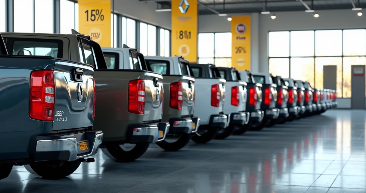 Conjunto de picapes e carros de trabalho novos à venda com etiquetas de desconto visíveis 
