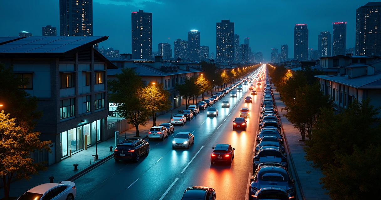 Carros elétricos carregando em avenida urbana à noite 