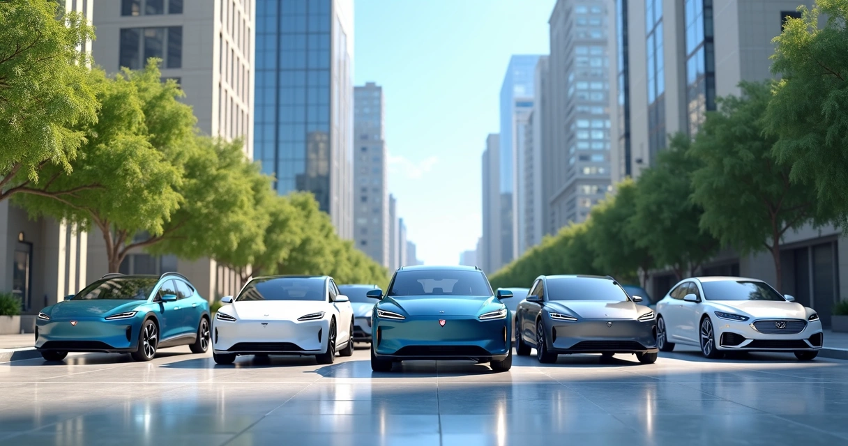 Conjunto de carros elétricos e híbridos modernos estacionados em avenida urbana com céu azul e prédios ao fundo 