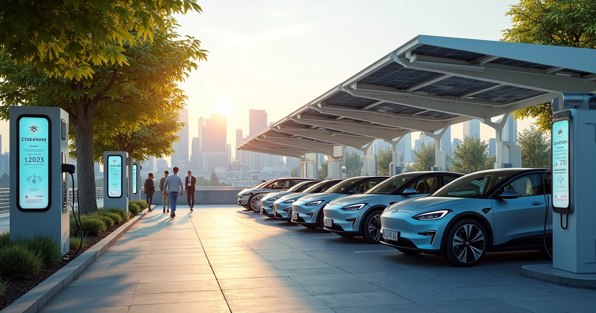 Carros elétricos estacionados em estação de recarga urbana moderna com telas digitais e painéis solares no topo 