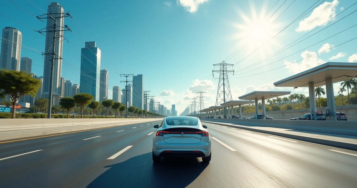Carros elétricos e carros a combustão trafegando em rodovia urbana brasileira, prédios ao fundo, destaque em luminosidade natural