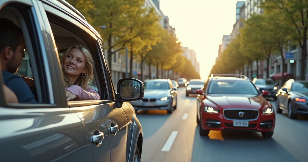 Carros circulando em via urbana com pessoas relaxadas no interior dos veículos