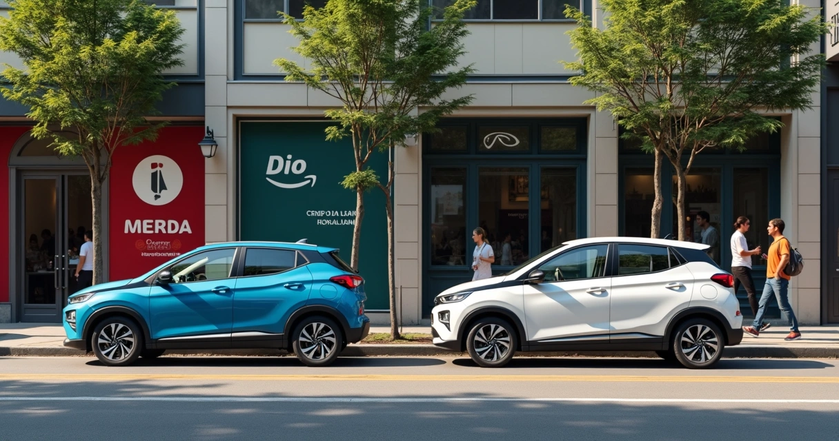 Dois carros híbridos compactos e populares estacionados na rua, lado a lado