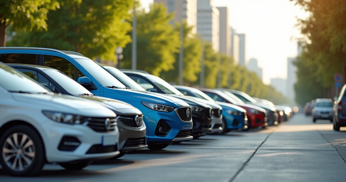 Linha de carros populares baratos estacionados em rua urbana, mostrando hatchs e sedãs em cores variadas com detalhes nítidos e ambiente ensolarado 