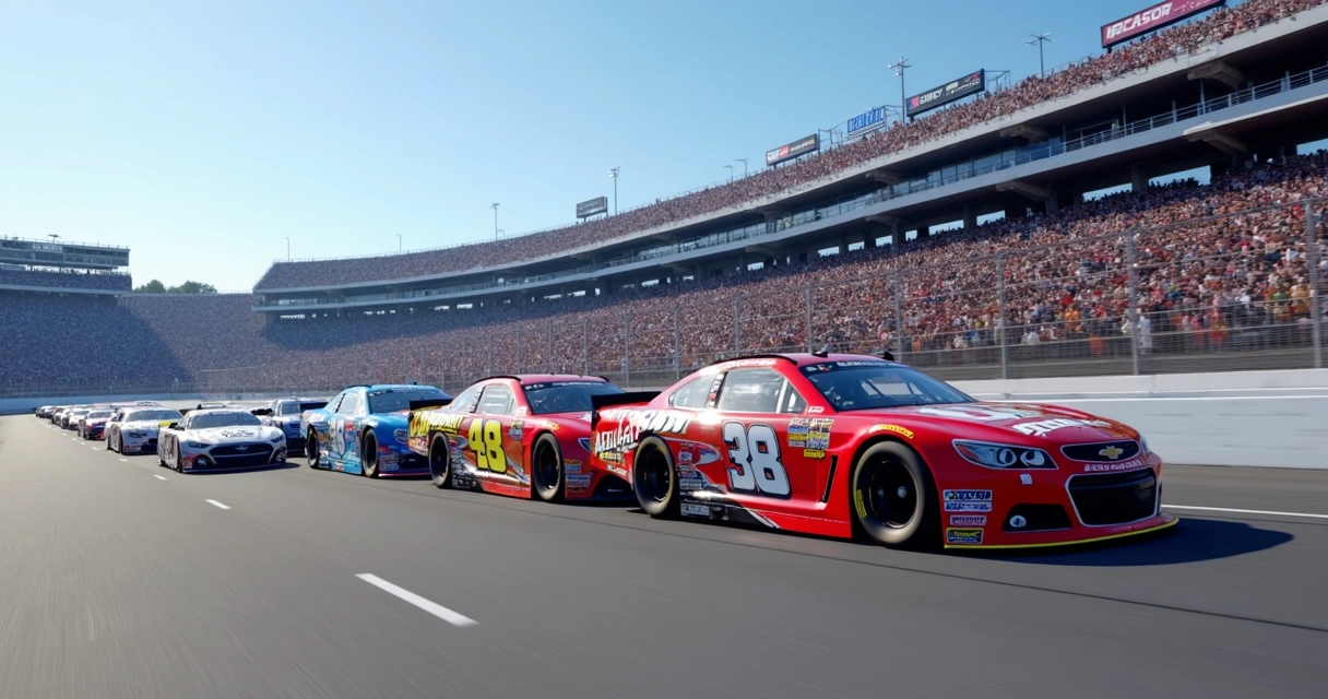 Vários carros de corrida lado a lado em um circuito oval da NASCAR 