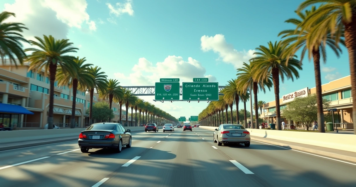 Carros andando em uma estrada ampla e limpa em Orlando 