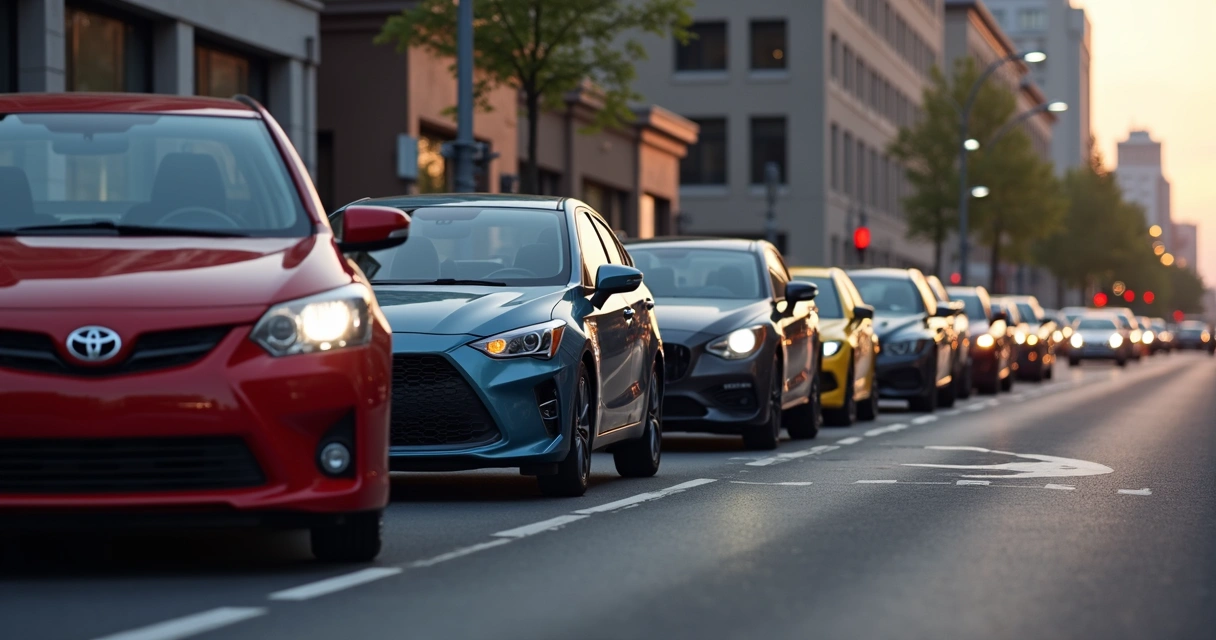 Linha de carros populares económicos em cores variadas estacionados em área urbana ao entardecer 