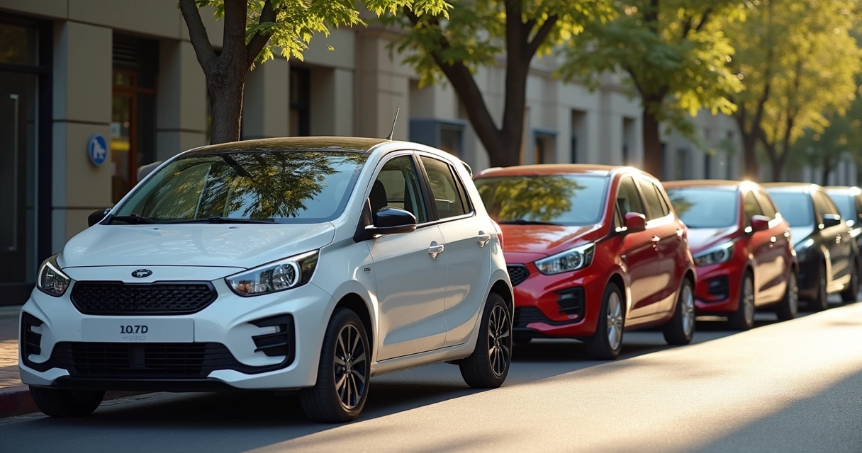 Carros populares modernos estacionados em rua urbana