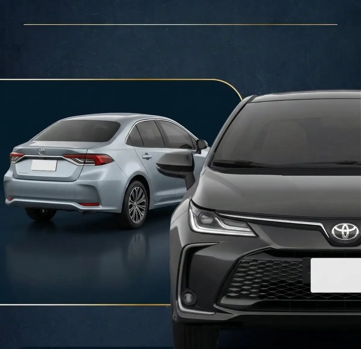 Dois carros sedã híbrido premium, um preto de frente e um prata de trás