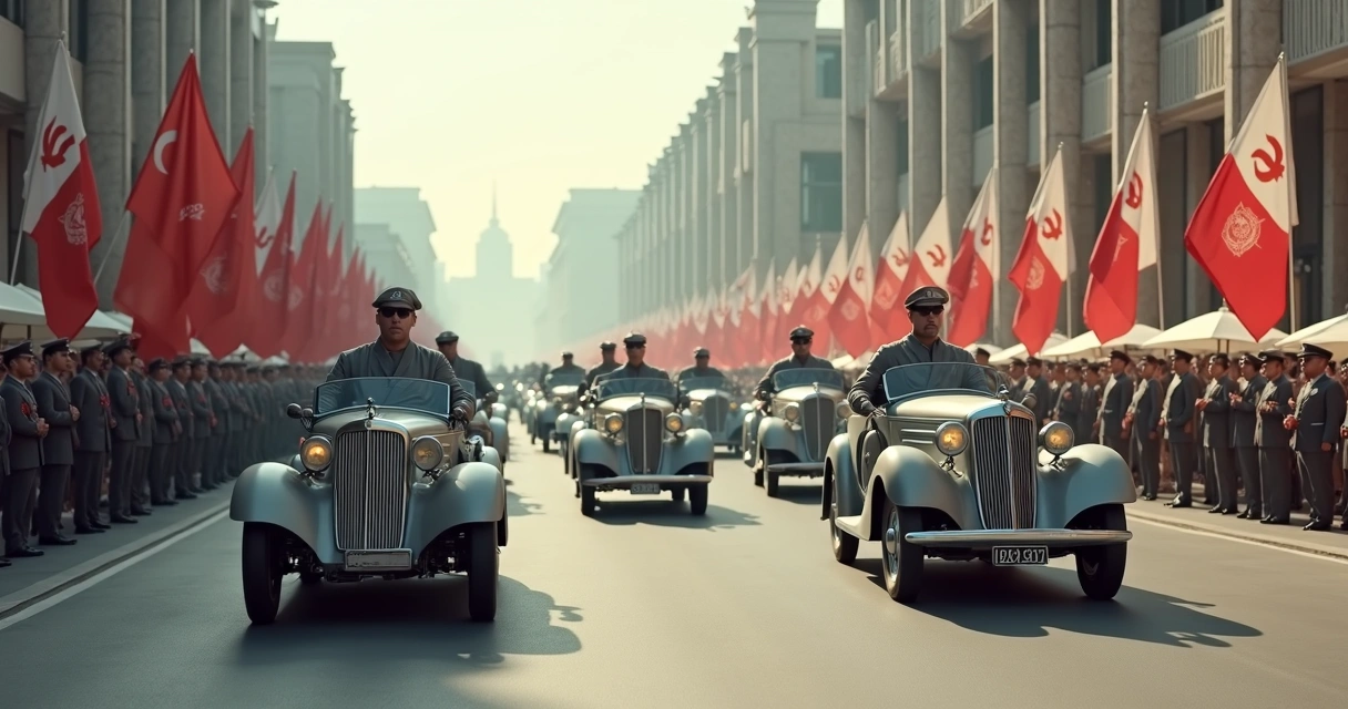 Autos antiguos en fila con uniformes grises de tecnócratas de los años 1930 