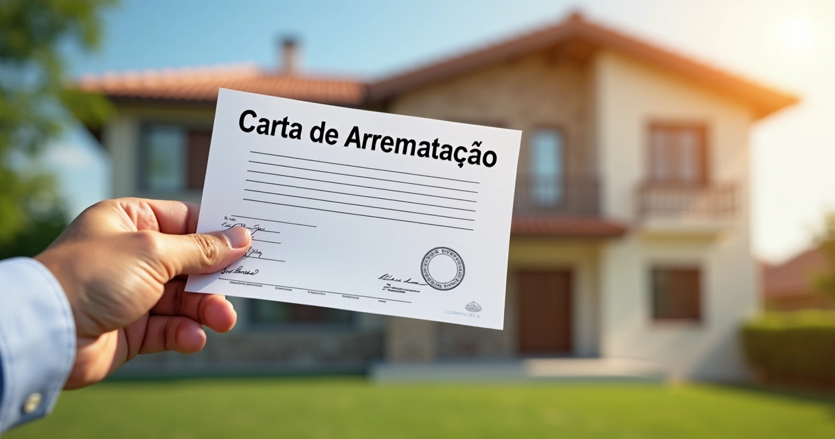 Pessoa segurando carta de arrematação com imóvel ao fundo