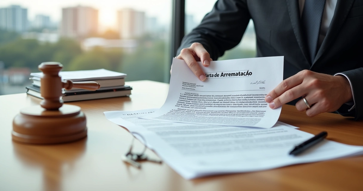 Investidor recebendo carta de arrematação de imóvel de leilão em cartório 