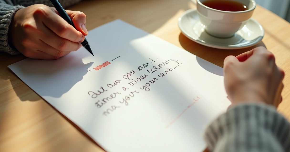 Pessoa escrevendo carta em papel sobre mesa de madeira 