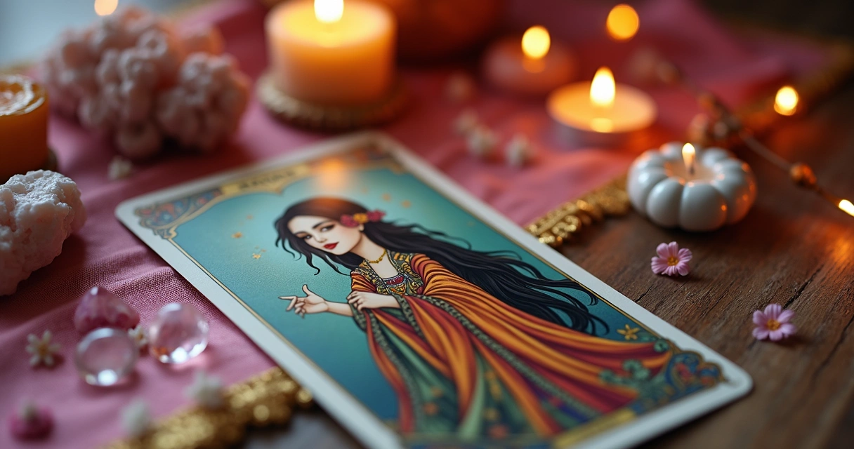 Cartas de baralho cigano em uma mesa, cores rosa e dourado predominantes