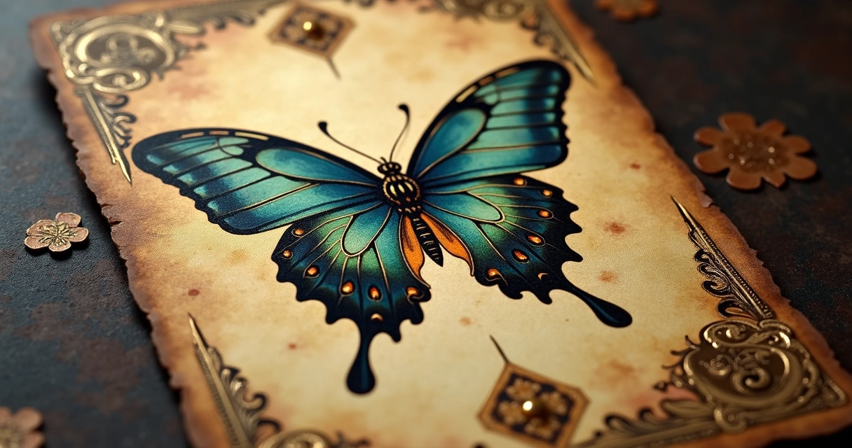 Carta de baralho cigano com desenho de borboleta e detalhes dourados 