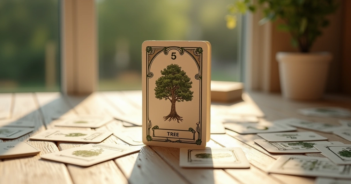 Cartas do Baralho Cigano dispostas mostrando a carta 5 em evidência, outras cartas ao redor, em mesa de madeira clara. Luz natural suave destaca a carta principal. 