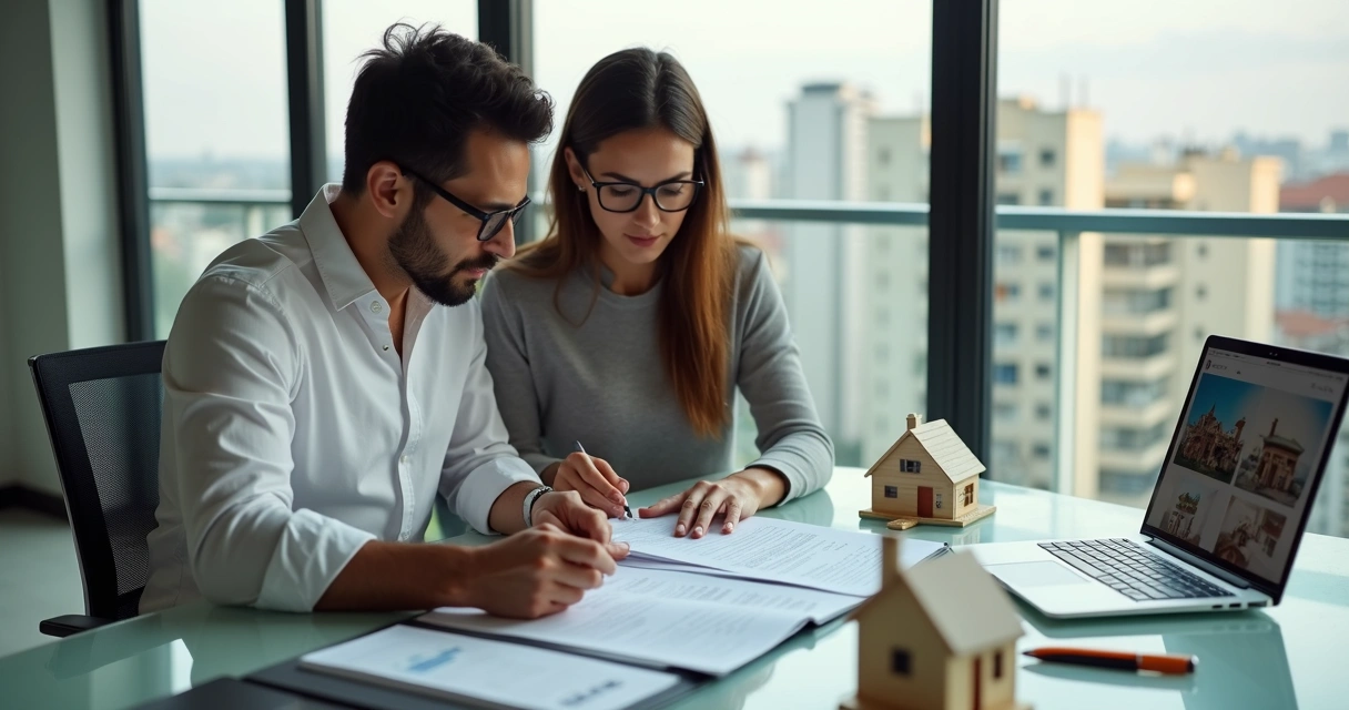 Casal analisando carta de crédito imobiliário com corretor em escritório moderno 