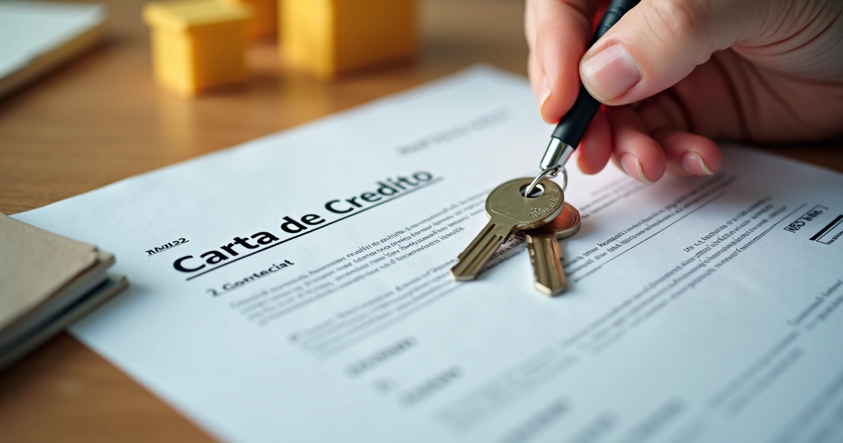Pessoa segurando carta de crédito para compra de imóvel em mesa com contrato e chaves 