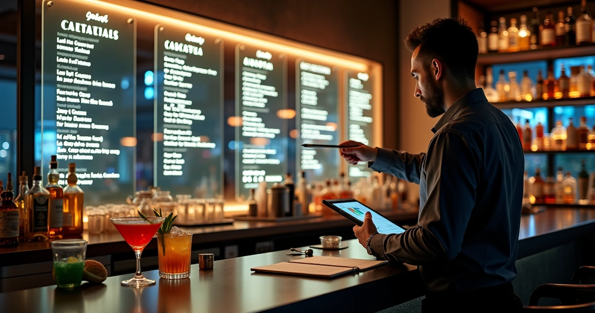 Bartender escolhendo drinks em grande painel de carta de coquetéis 