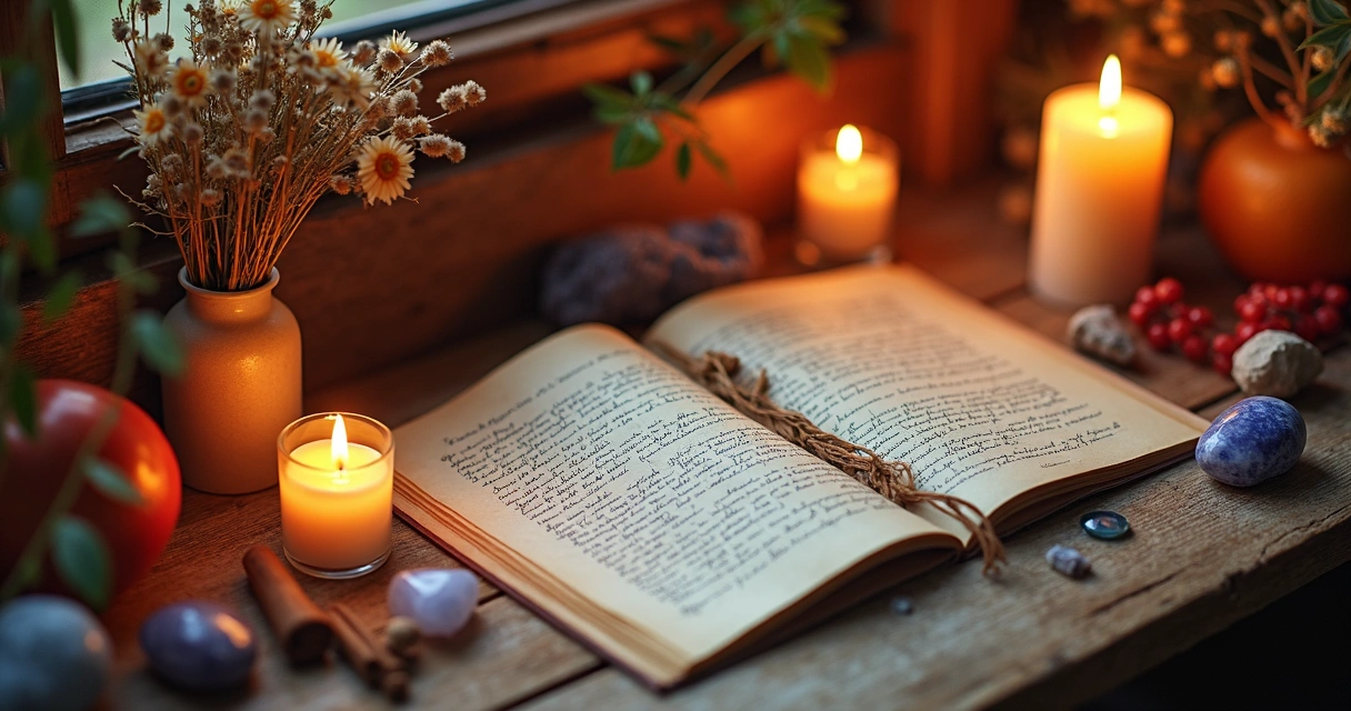 Altar com cartas, velas e cristais para ritual de intenção 
