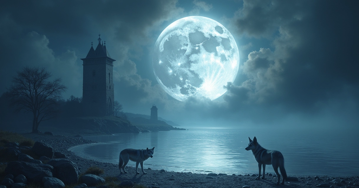 Carta da Lua do tarot cercada por sombras e águas tranquilas com elementos oníricos 