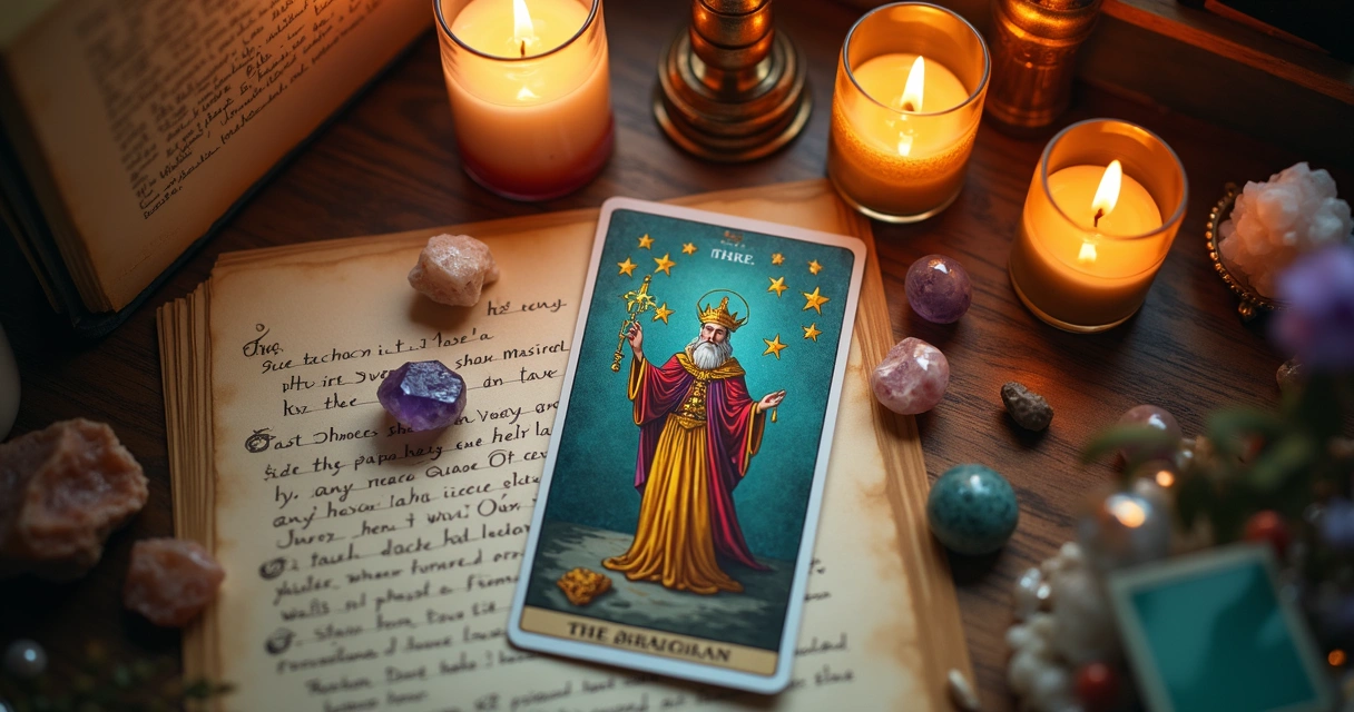Carta do Mago do tarot sobre altar com cristais 