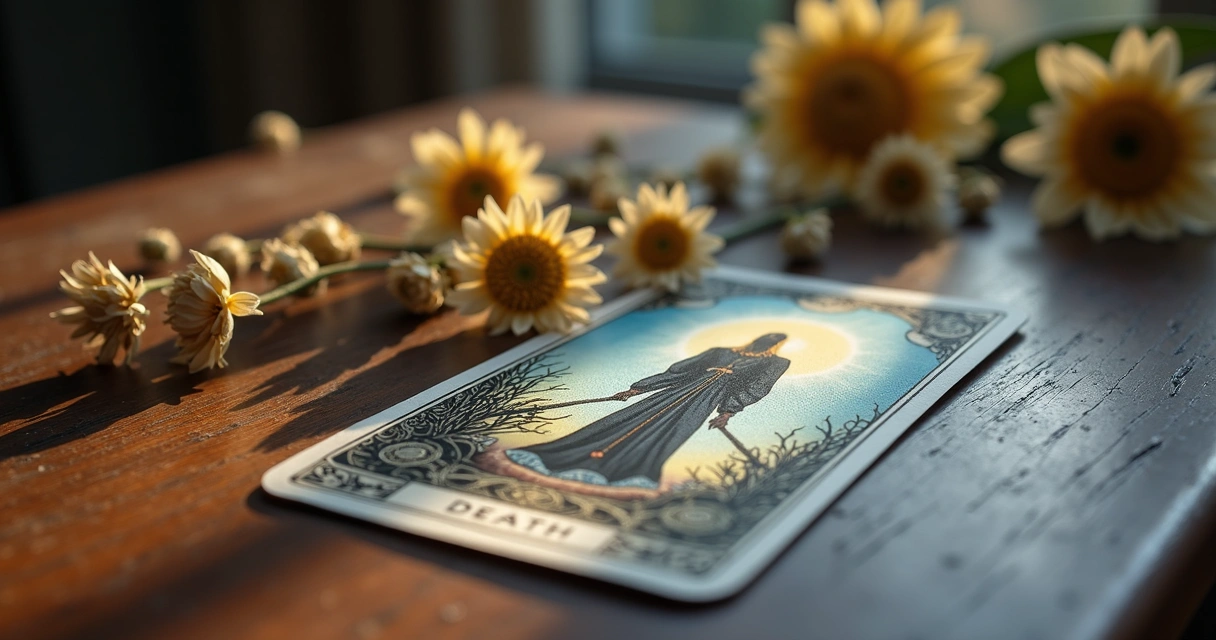 Carta da morte do tarot sobre mesa de madeira 