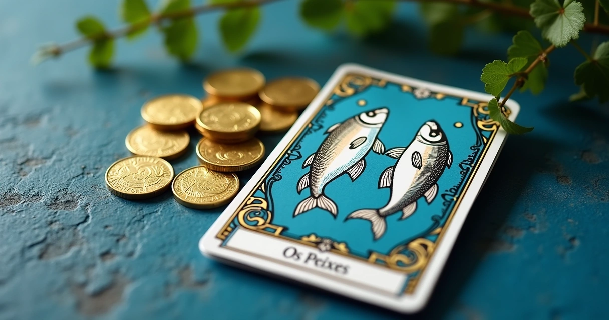 Carta Os Peixes do baralho cigano centralizada em superfície azul. 