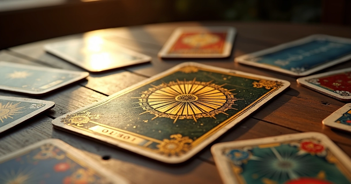 Carta da Roda da Fortuna destacada ao centro de um círculo de outras cartas do tarot. 
