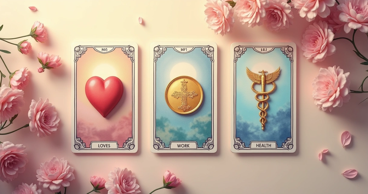 Cartas de Tarot representando amor, trabalho e saúde 
