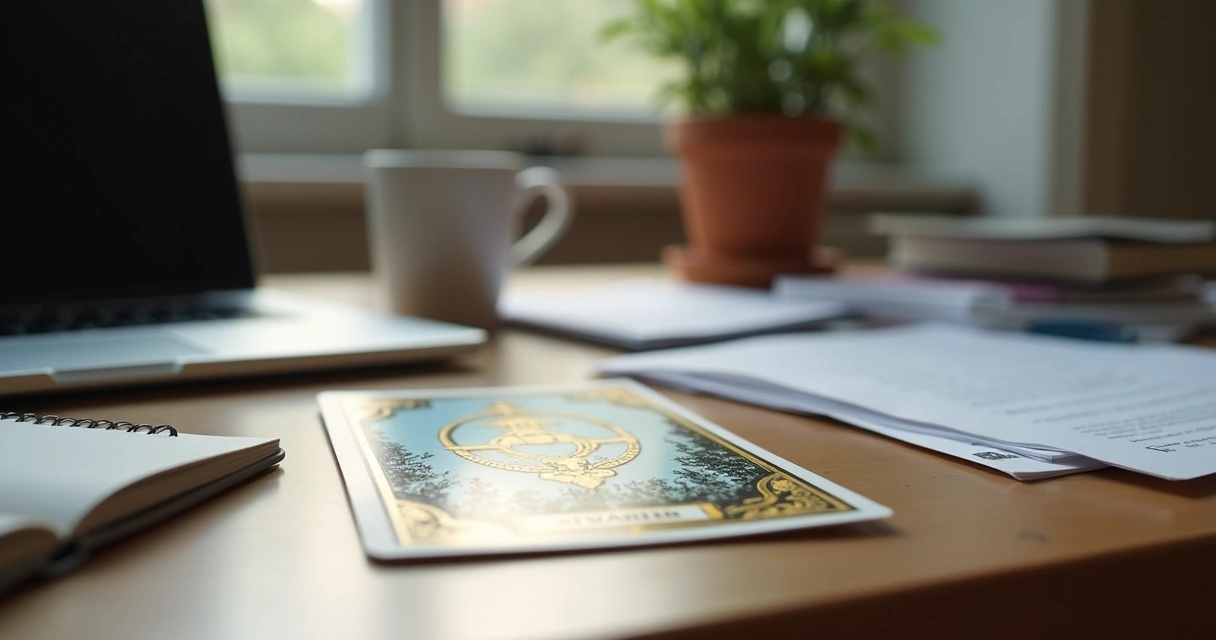 Detalhe de uma carta de tarot aberta sobre uma mesa, com computador e papéis ao fundo. 