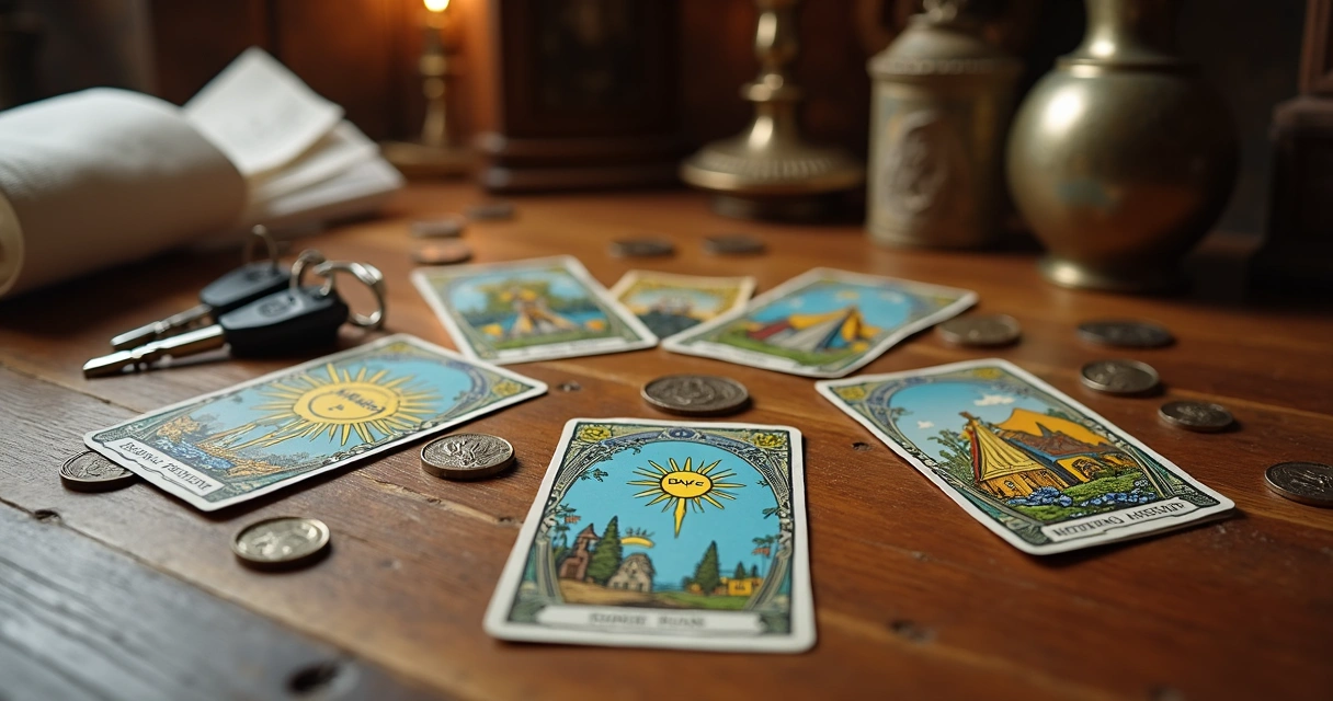 Cartas de tarot espalhadas com moedas, chaves e recibos ao redor 