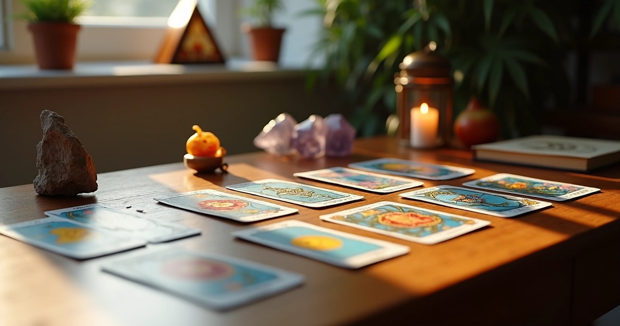 Cartas de tarot dispostas em mesa de madeira com luz suave 